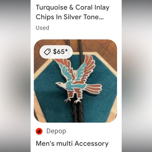 Bolo turquoise and coral inlay chips in silver tone men’s accessory - Picture 4 of 4